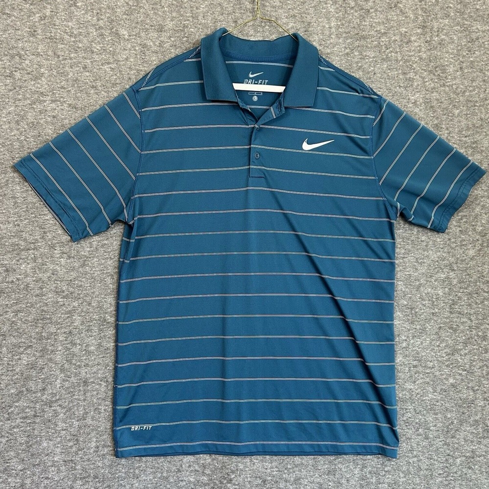 Nike Polo Golf Shirt‎ Mens Sz Large Blue Double White Stripe Performance Dri-Fit